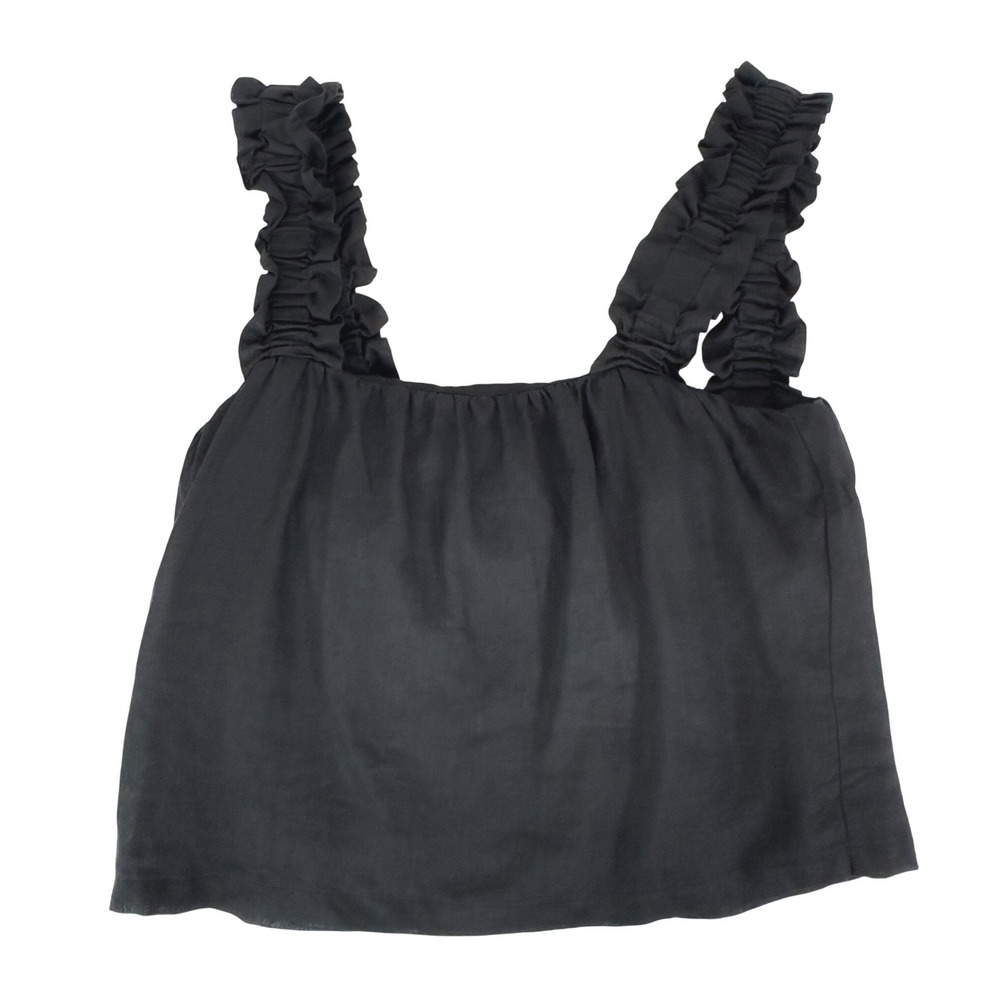 Kourt Ruffle Strap Tank Top Black Linen Small